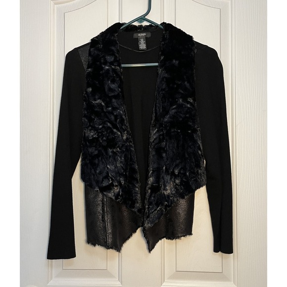 Alfani Petite Black Open Front Crop Sweater Jacket Small Black Faux Fur/leather - Picture 1 of 8